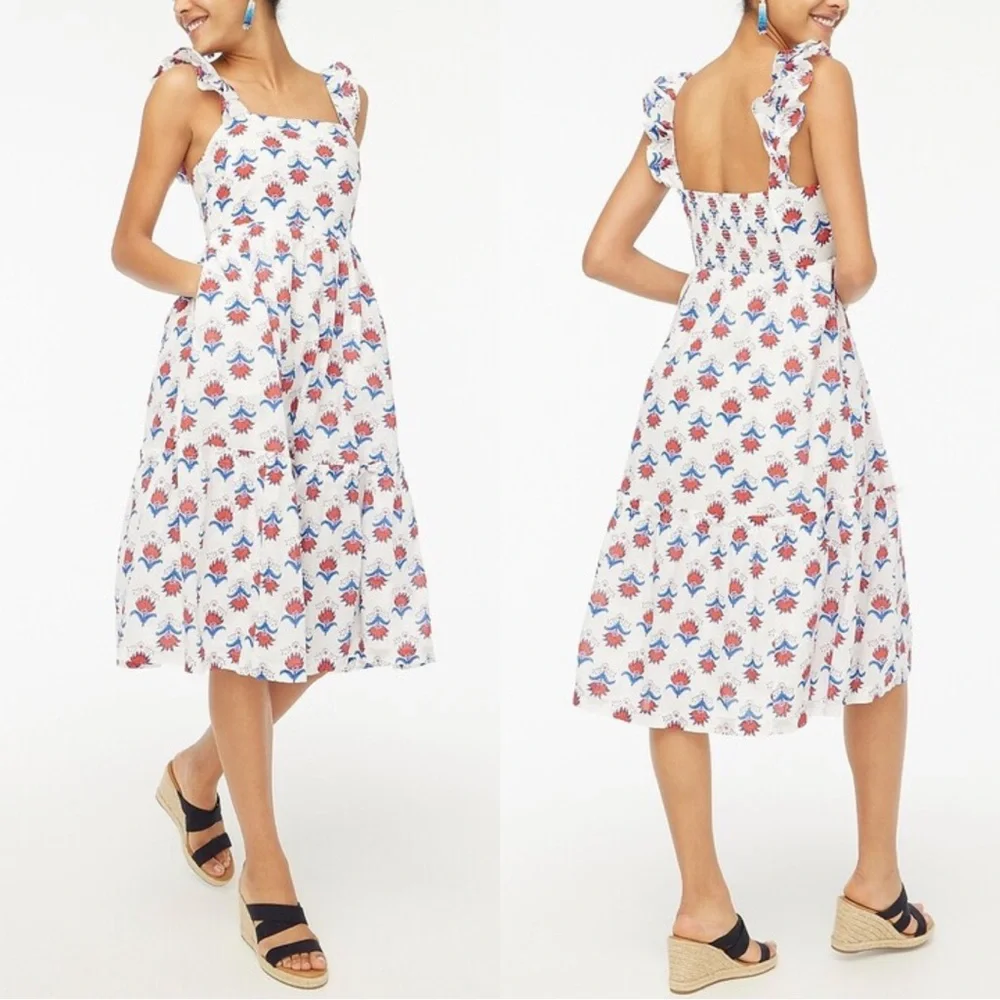NEW J. Crew Square Neck Midi Dress in Floral Red White Blue Print - 18